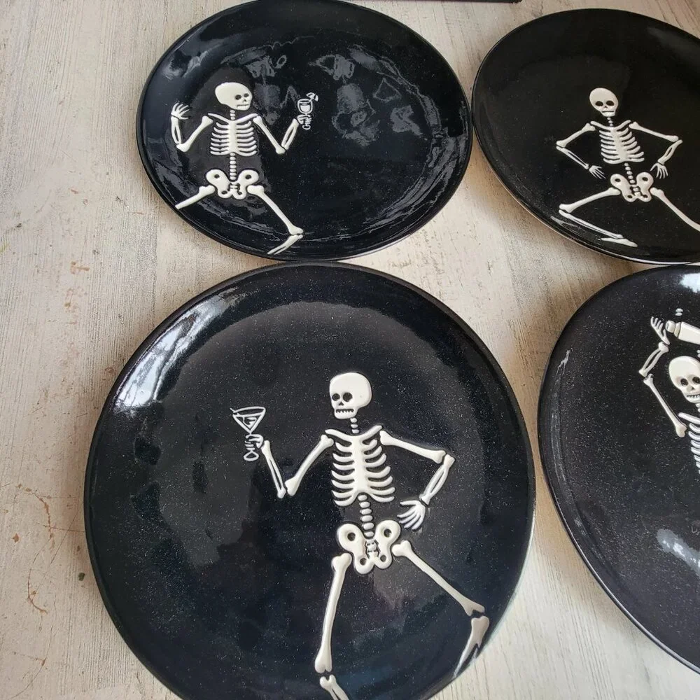 Pottery Barn party skeletons Halloween appetizer plate set decor black‎